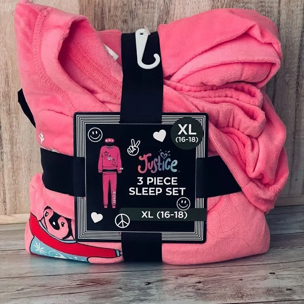 NWT Justice 3 Pcs Pink XL (16-18) Long Sleeve Top, Jogger & Eyemask, Pajama Set